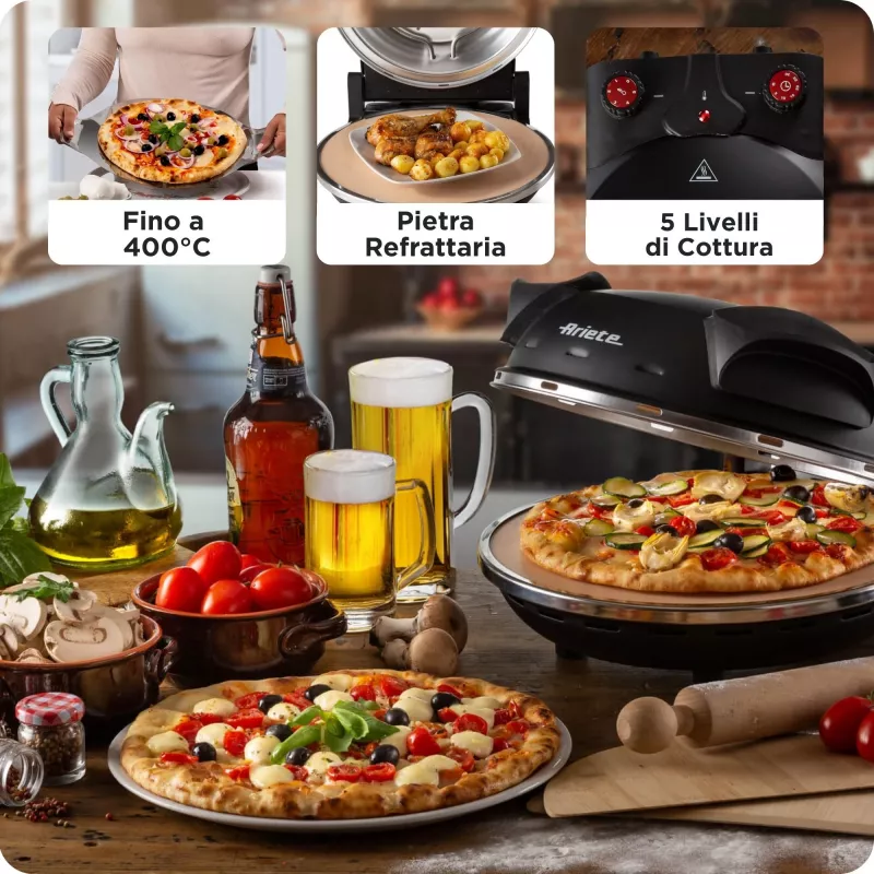 Ariete 917 Pizzaofen - Pizza in 4 Minuten - Refraktärsteinplatte mit Antihaftbeschichtung - Max. Temperatur 400 °C - 1200 Watt - Timer 30' - Schwarz