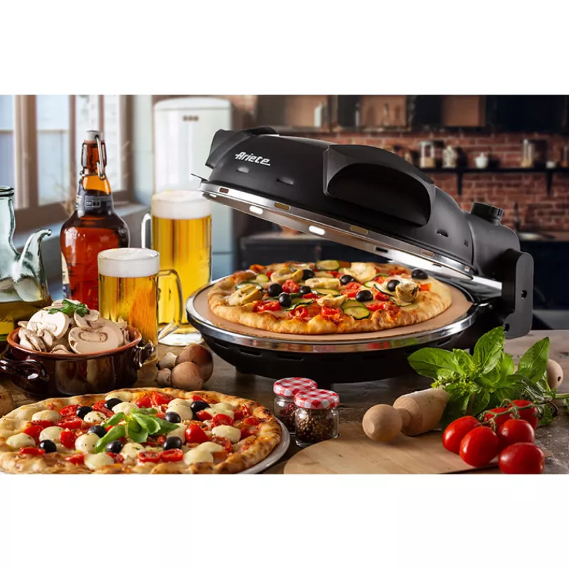 Ariete 917 Pizzaofen - Pizza in 4 Minuten - Refraktärsteinplatte mit Antihaftbeschichtung - Max. Temperatur 400 °C - 1200 Watt - Timer 30' - Schwarz