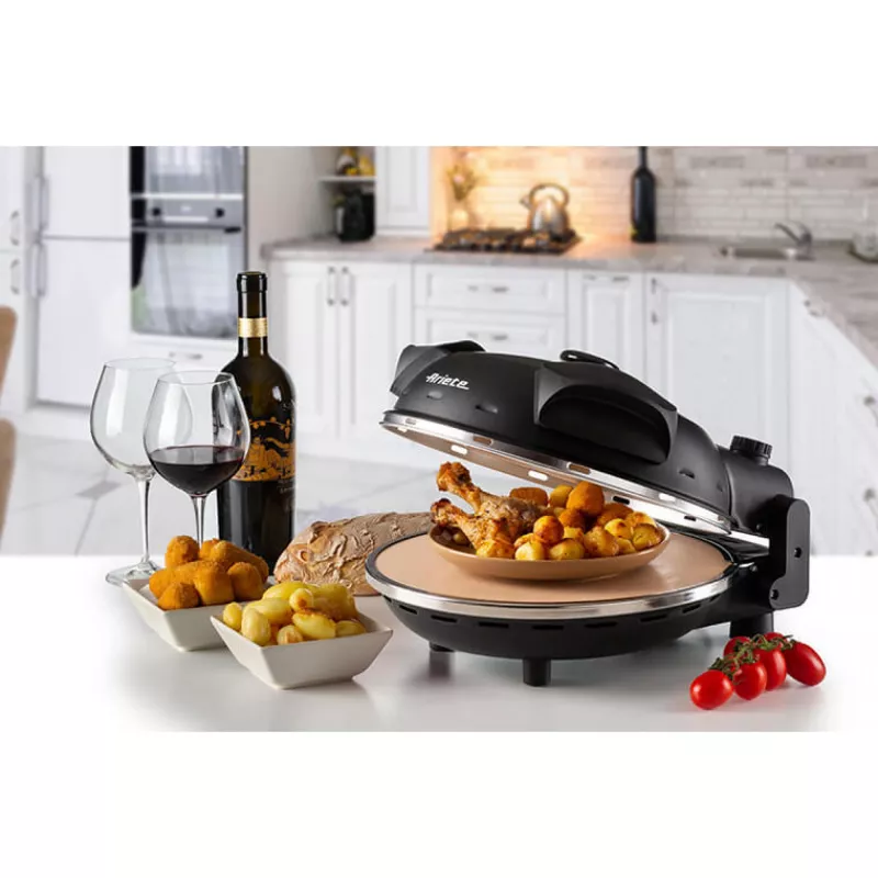 Ariete 917 Pizzaofen - Pizza in 4 Minuten - Refraktärsteinplatte mit Antihaftbeschichtung - Max. Temperatur 400 °C - 1200 Watt - Timer 30' - Schwarz
