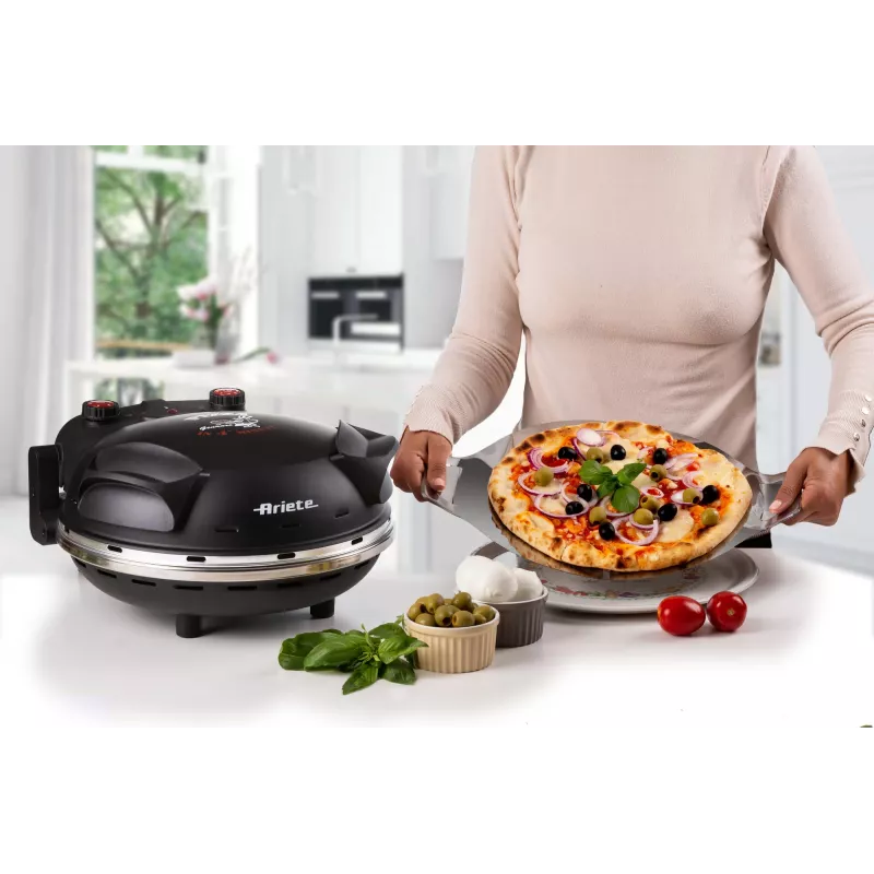 Ariete 917 Pizzaofen - Pizza in 4 Minuten - Refraktärsteinplatte mit Antihaftbeschichtung - Max. Temperatur 400 °C - 1200 Watt - Timer 30' - Schwarz