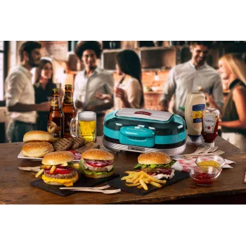 Ariete 205 Hamburger Maker Party Time, Hamburger-Maschine, 1200 W, Doppelte Antihaft-Platten, 2 Fächer, Leicht zu reinigen, blau