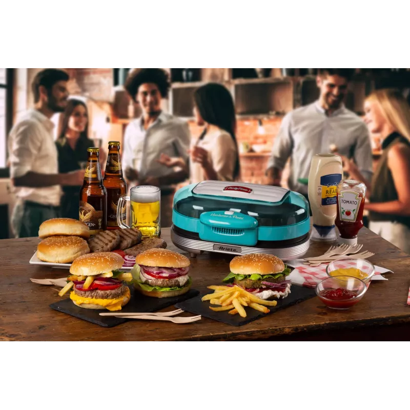 Ariete 205 Hamburger Maker Party Time, Hamburger-Maschine, 1200 W, Doppelte Antihaft-Platten, 2 Fächer, Leicht zu reinigen, blau