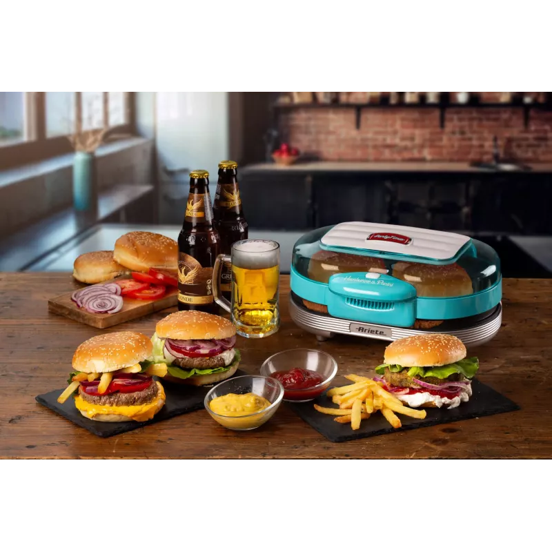 Ariete 205 Hamburger Maker Party Time, Hamburger-Maschine, 1200 W, Doppelte Antihaft-Platten, 2 Fächer, Leicht zu reinigen, blau