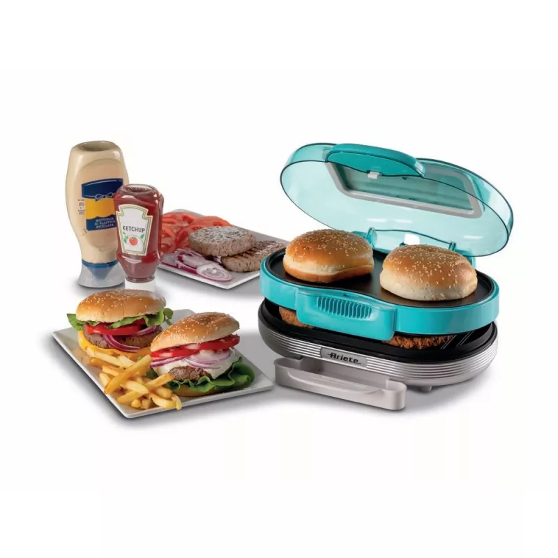 Ariete 205 Hamburger Maker Party Time, Hamburger-Maschine, 1200 W, Doppelte Antihaft-Platten, 2 Fächer, Leicht zu reinigen, blau