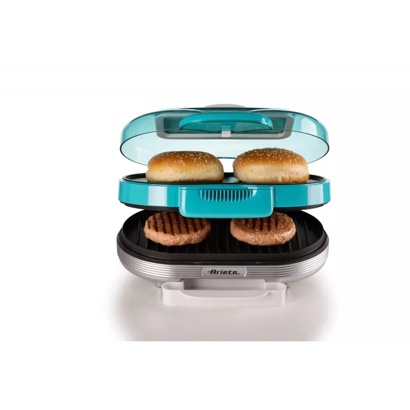 Ariete 205 Hamburger Maker Party Time, Hamburger-Maschine, 1200 W, Doppelte Antihaft-Platten, 2 Fächer, Leicht zu reinigen, blau