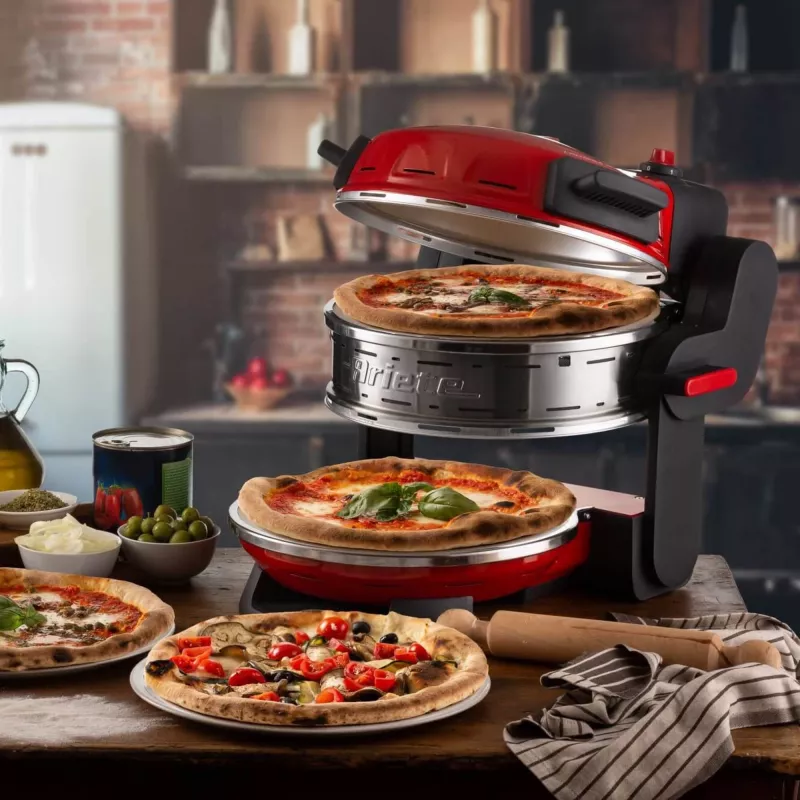 Ariete 927 Pizzeria, Doppel-Pizzaofen, 2 Pizzen in 4 Minuten, 2300 W, 2 feuerfeste Steine, 2 Thermostate, Durchmesser 32 cm, 5 Garstufen, 2 Paddel aus Edelstahl, Rot
