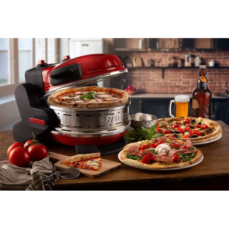 Ariete 927 Pizzeria, Doppel-Pizzaofen, 2 Pizzen in 4 Minuten, 2300 W, 2 feuerfeste Steine, 2 Thermostate, Durchmesser 32 cm, 5 Garstufen, 2 Paddel aus Edelstahl, Rot