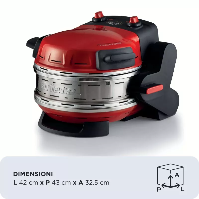 Ariete 927 Pizzeria, Doppel-Pizzaofen, 2 Pizzen in 4 Minuten, 2300 W, 2 feuerfeste Steine, 2 Thermostate, Durchmesser 32 cm, 5 Garstufen, 2 Paddel aus Edelstahl, Rot