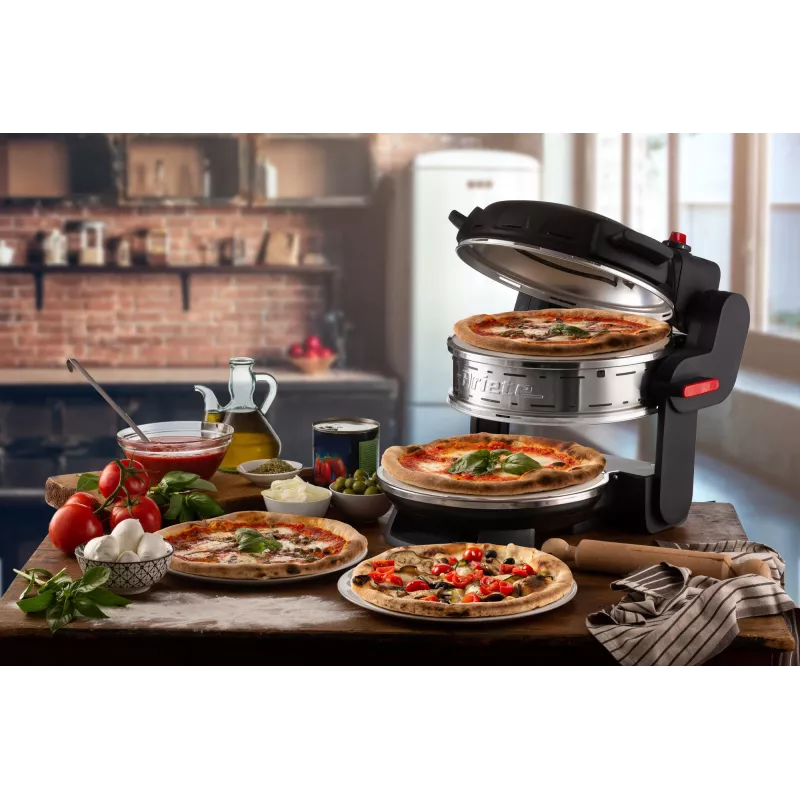 Ariete 927 Pizzeria , Doppelpizzaofen, 2 Pizzen in 4 Minuten, 2300 W, 2 feuerfeste Steine, 2 Thermostate, Durchmesser 32 cm, 5 Garstufen, 2 Pizzaschaufeln aus Edelstahl, Rot