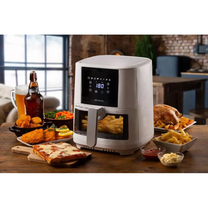 Ariete 4626 Airy Fryer 6L, Heißluftfritteuse, 1300 W, 6 l Fassungsvermögen, 2,5 kg Garraumkapazität, 8 voreingestellte Programme, Temperatur bis 200 °C, transparenter Korb für Kochkontrolle, Schwarz