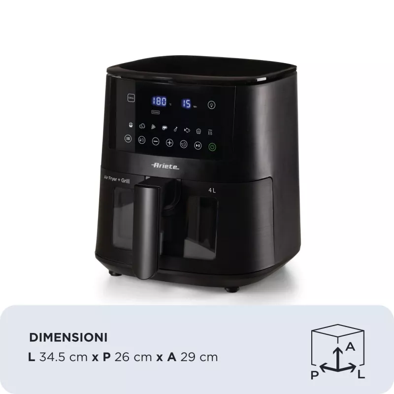 Ariete 4633, Heißluftfritteuse 4L, 1400W, Fassungsvermögen 4L, 9 Programme, Shake und Grill Funktion, Temperatur bis 200°C, Schwarz