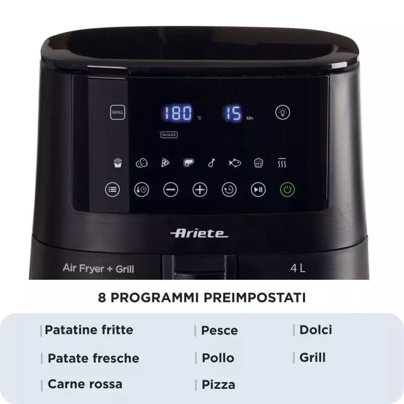 Ariete 4633, Heißluftfritteuse 4L, 1400W, Fassungsvermögen 4L, 9 Programme, Shake und Grill Funktion, Temperatur bis 200°C, Schwarz