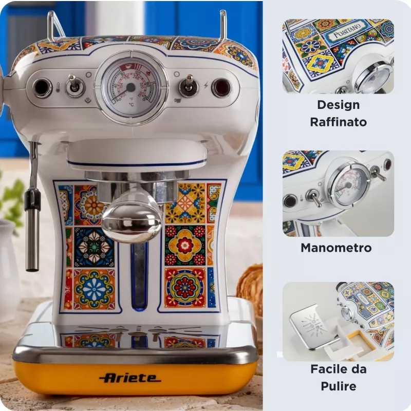 Ariete 1389 Positano Kaffeemaschine, 850 W, Tankkapazität 0,9 l, 1 oder 2 Tassen Filter, Abtropfschale, Milchaufschäumer