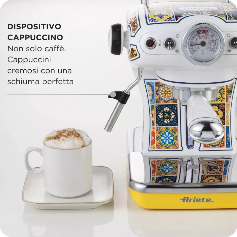 Ariete 1389 Positano Kaffeemaschine, 850 W, Tankkapazität 0,9 l, 1 oder 2 Tassen Filter, Abtropfschale, Milchaufschäumer