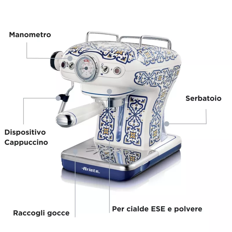 Ariete 1389 Capri Kaffeemaschine, 850 W, Tankinhalt 0,9 l, Filter für 1 oder 2 Tassen, Abtropfschale, Milchaufschäumer
