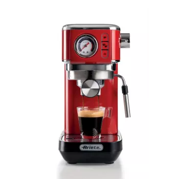 Ariete Moderna Line 1381 Kaffeemaschine mit Manometer, geeignet für Kaffeepulver und ESE-Pads, 1300 W, 1,1 l Fassungsvermögen, 15 bar Druck, Filter für halbe Tassen, Cappuccino-Düse, Rot