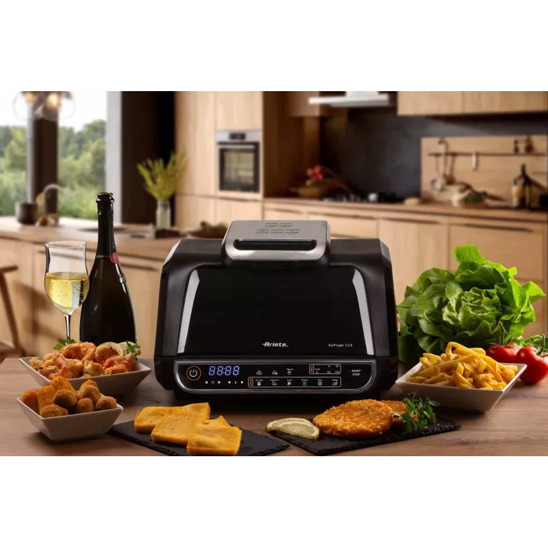 Ariete 4635 Air Fryer Grill, Heißluftfritteuse und Grill, Steakgrill, 1700 W, Kapazität 8 l, Frittieren und Grillen, 8 Garfunktionen, Timer, Schwarz