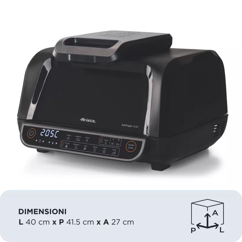 Ariete 4635 Air Fryer Grill, Heißluftfritteuse und Grill, Steakgrill, 1700 W, Kapazität 8 l, Frittieren und Grillen, 8 Garfunktionen, Timer, Schwarz