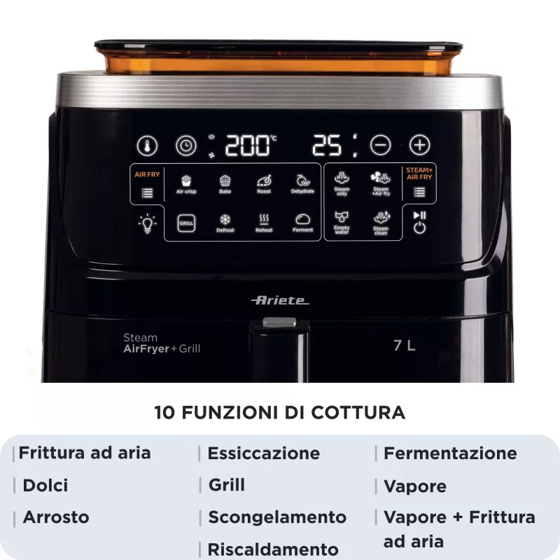 Ariete 4636 Heißluftfritteuse mit Dampffunktion + Grill, 1700W, Dörrfunktion, 10 Garfunktionen, Transparenter Korb, Timer, Schwarz