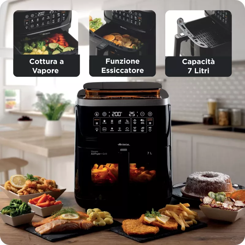 Ariete 4636 Heißluftfritteuse mit Dampffunktion + Grill, 1700W, Dörrfunktion, 10 Garfunktionen, Transparenter Korb, Timer, Schwarz