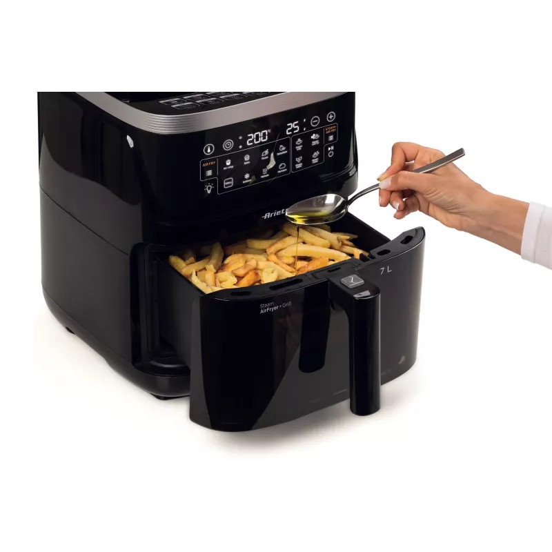 Ariete 4636 Heißluftfritteuse mit Dampffunktion + Grill, 1700W, Dörrfunktion, 10 Garfunktionen, Transparenter Korb, Timer, Schwarz