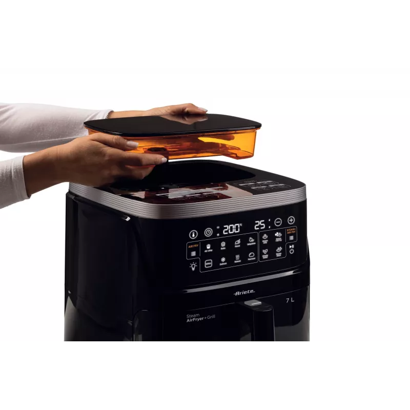 Ariete 4636 Heißluftfritteuse mit Dampffunktion + Grill, 1700W, Dörrfunktion, 10 Garfunktionen, Transparenter Korb, Timer, Schwarz