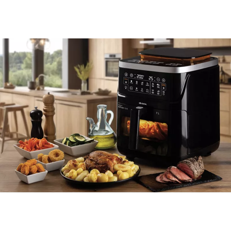 Ariete 4636 Heißluftfritteuse mit Dampffunktion + Grill, 1700W, Dörrfunktion, 10 Garfunktionen, Transparenter Korb, Timer, Schwarz