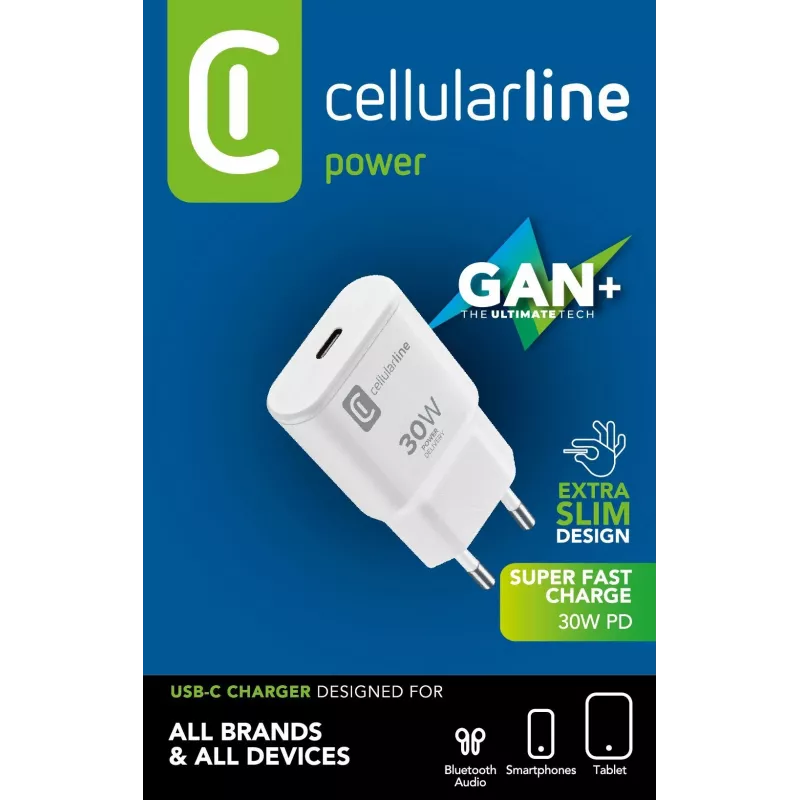 Cellularline GAN Wall Charger USB-C 30W PD USB-C 30W PD Wandladegerät mit GaN-Technologie