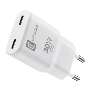 Cellularline GAN Wandladegerät 2xUSB-C 30W PD 2xUSB-C 30W PD Wandladegerät mit GaN-Technologie