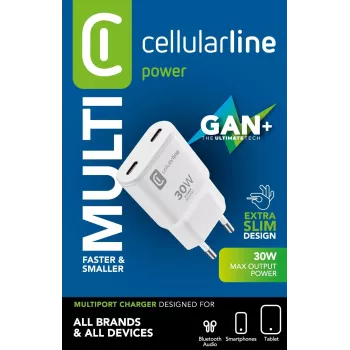 Cellularline GAN Wandladegerät 2xUSB-C 30W PD 2xUSB-C 30W PD Wandladegerät mit GaN-Technologie