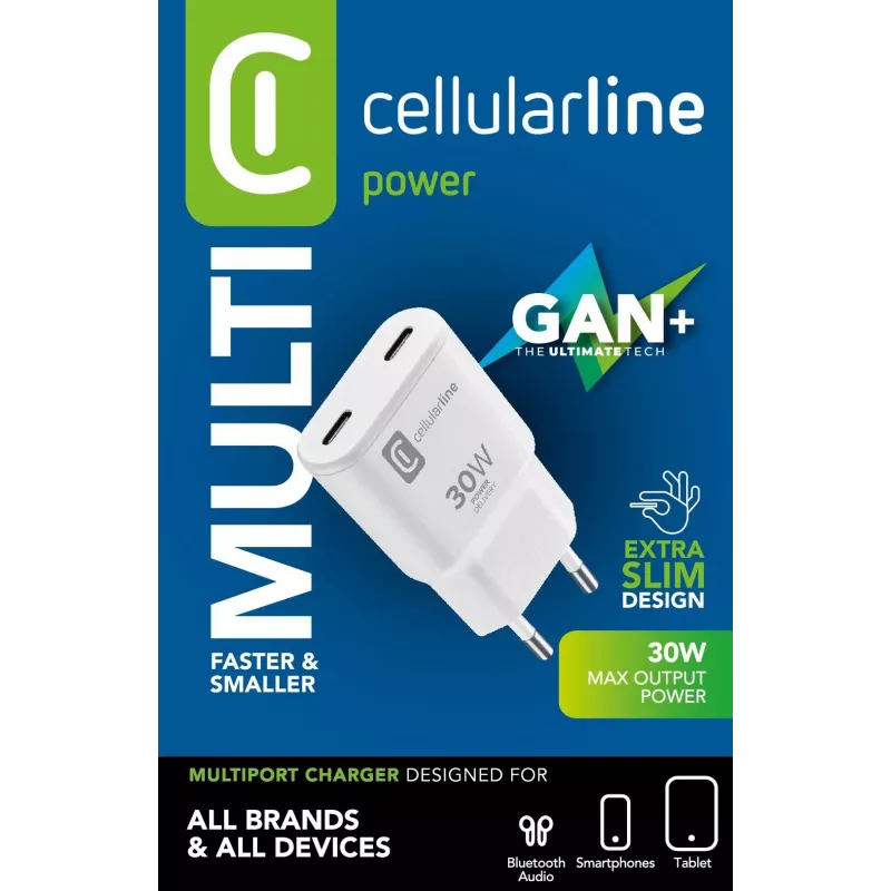 Cellularline GAN Wandladegerät 2xUSB-C 30W PD 2xUSB-C 30W PD Wandladegerät mit GaN-Technologie