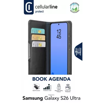 Cellularline Book Agenda - Galaxy S26 Ultra Book-Case mit Kunstleder-Finish, Magnetverschluss, RFID-Schutz und Standfunktion