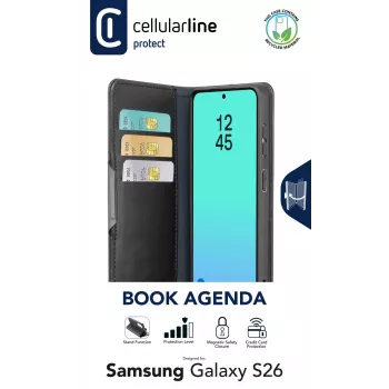 Cellularline Book Agenda - Galaxy S26 Book-Style-Hülle mit Kunstleder-Finish, Magnetverschluss, RFID-Schutz und Standfunktion.