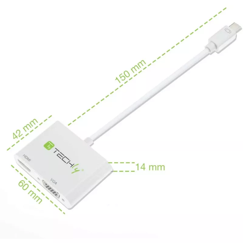 Techly Mini DisplayPort auf HDMI/VGA Adapter, 0,15 m, Mini DisplayPort, HDMI + VGA (D-Sub), Stecker, Buchse, 1920 x 1200 Pixel