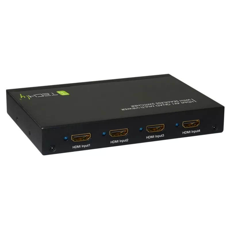 Techly HDMI 4x1 Multiviewer mit nahtlosem Umschalter, HDMI, Metall, Schwarz, 60 Hz, 1080p, 2,25 Gbit/s