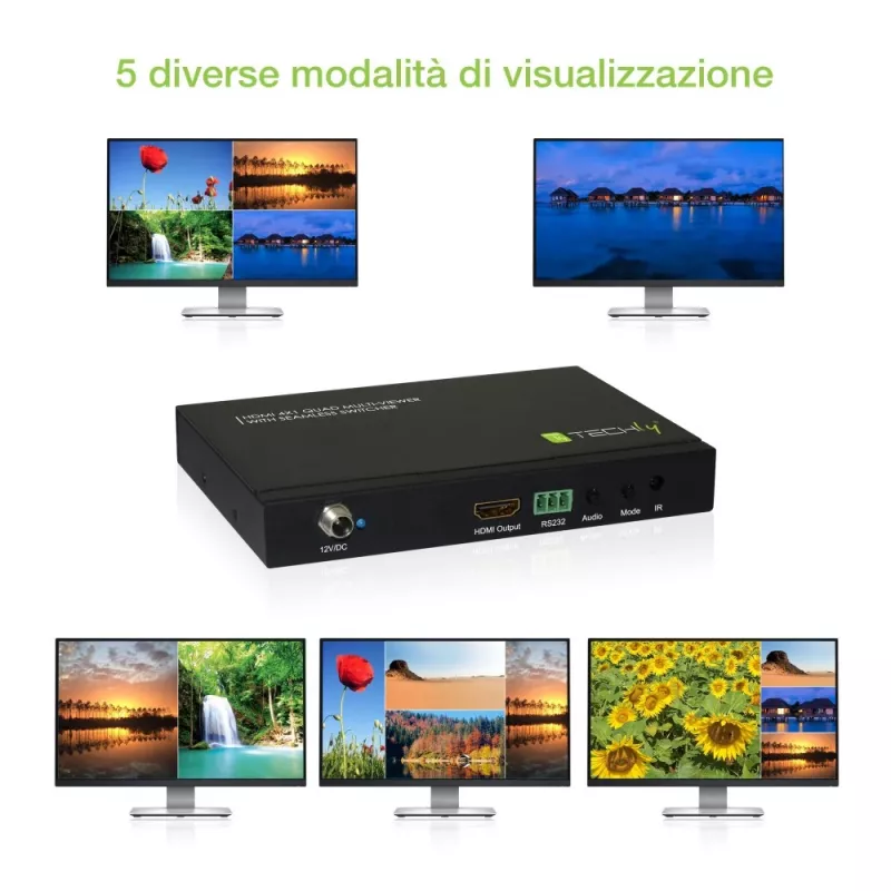Techly HDMI 4x1 Multiviewer mit nahtlosem Umschalter, HDMI, Metall, Schwarz, 60 Hz, 1080p, 2,25 Gbit/s