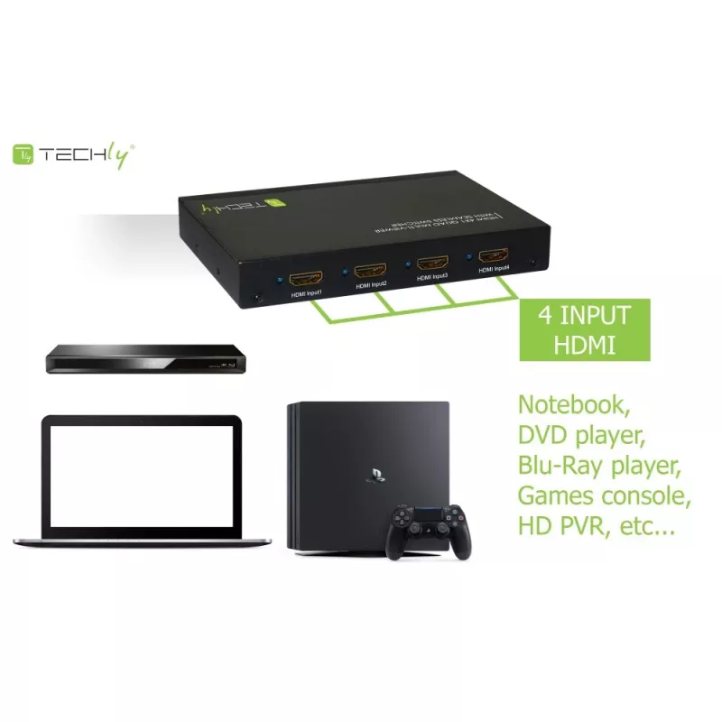 Techly HDMI 4x1 Multiviewer mit nahtlosem Umschalter, HDMI, Metall, Schwarz, 60 Hz, 1080p, 2,25 Gbit/s