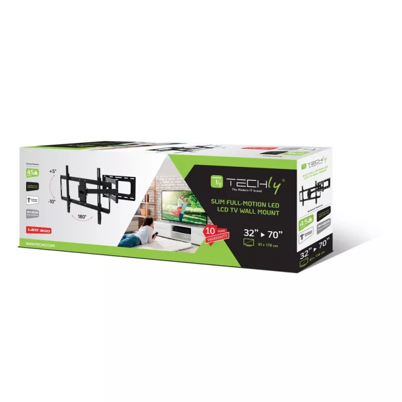 Techly schlank-Wandhalterung für 32-70 Zoll LCD LED TV Schwarz, 81,3 cm (32 Zoll), 177,8 cm (70 Zoll), 45 kg, 600 x 400 mm, -10 - 5°, Schwarz