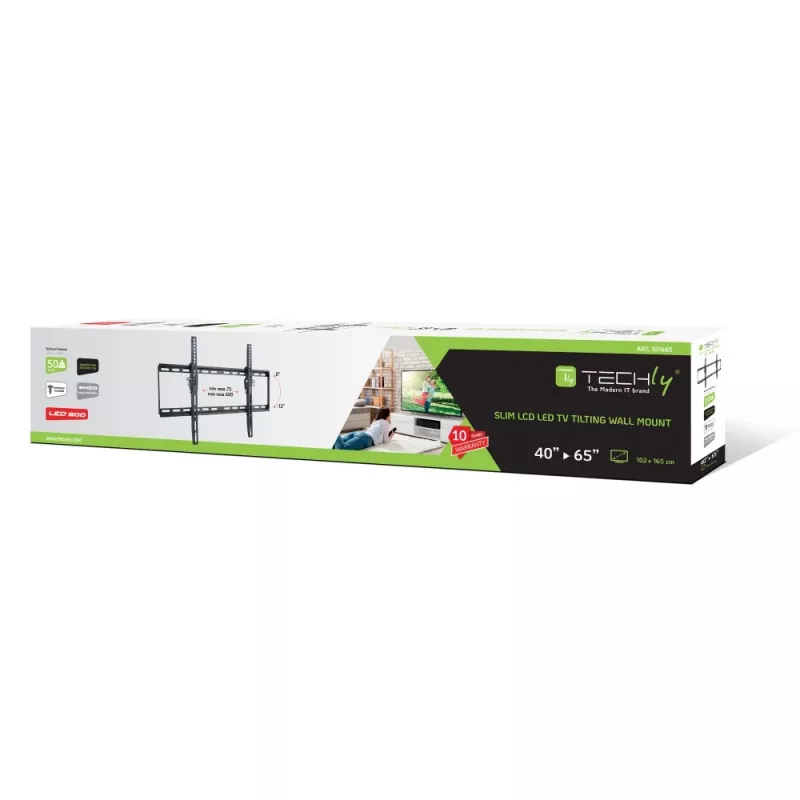 Techly Feste Wandhalterung LED TV LCD 40-65 Zoll, 165,1 cm (65 Zoll), 200 x 200 mm, 600 x 400 mm, -12 – 0°, Metall, Schwarz