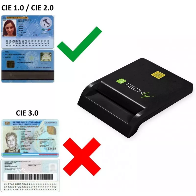 Techly Kompakter Smartcard-Leser/Schreiber USB-C™ Weiß, USB 2.0, 1,5 m, Schwarz, 102 g