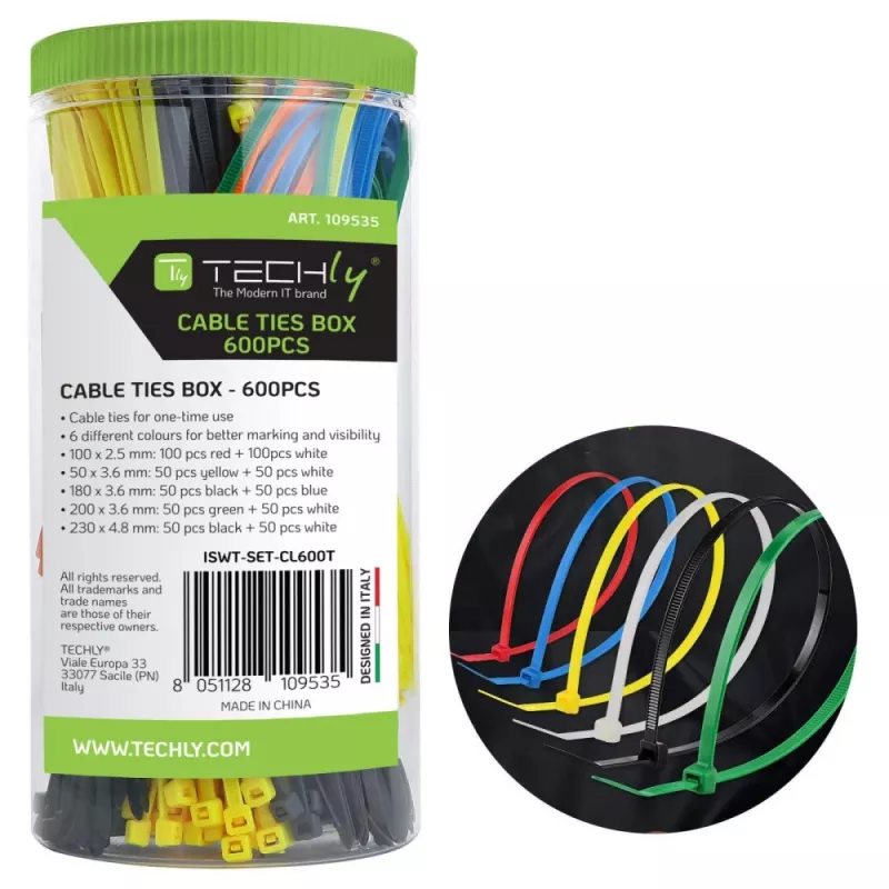 Techly ISWT-SET-CL600T Kabelbinder Mehrzweck-Kabelbinder Nylon Mehrfarbig 600 St.