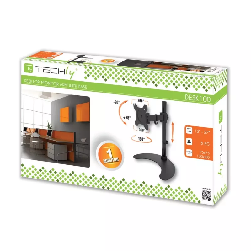 Techly Schreibtischständer für 1 Monitor 33 cm (13 Zoll) – 68,6 cm (27 Zoll) mit Sockel h. 400 mm ICA-LCD 3400 Schwarz