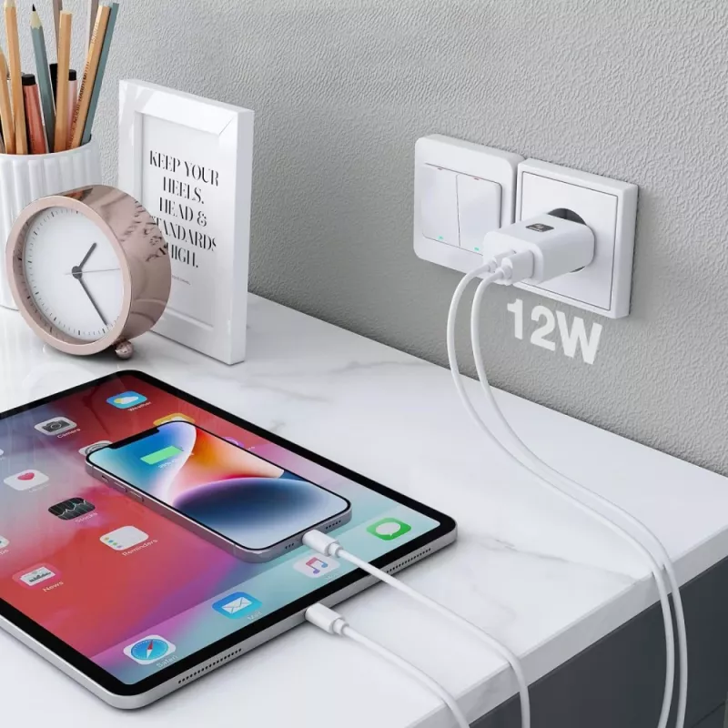 Techly IPW-USB-12W2A Mobilgerät-Ladegerät Kopfhörer, Tragbarer Lautsprecher, Powerbank, Smartphone, Tablet Weiß AC Innenbereich