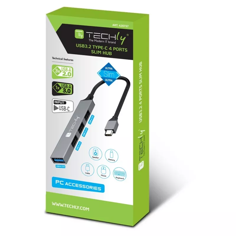 Techly IUSB32-HUB4C-3U2SLS Laptop-Dockingstation/Port-Replikator Kabelgebunden USB 3.2 Gen 1 (3.1 Gen 1) Typ-C Grau
