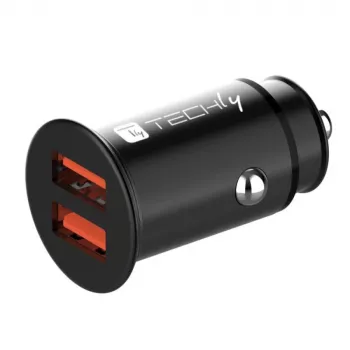 Techly Mini Auto-Ladegerät 2 Ports USB-A Quick Charge 3.0 36W in Schwarz Metall