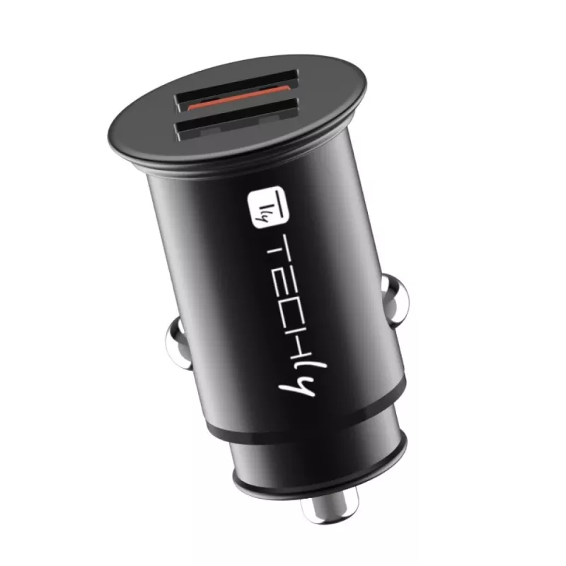 Techly Mini Auto-Ladegerät 2 Ports USB-A Quick Charge 3.0 36W in Schwarz Metall