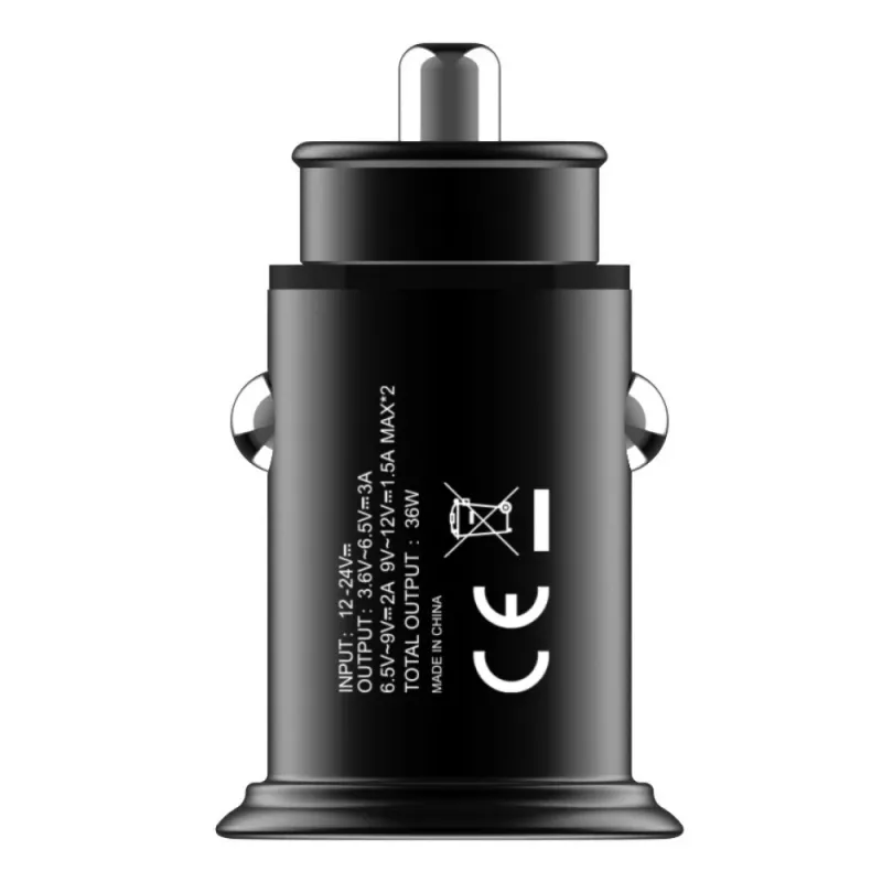 Techly Mini Auto-Ladegerät 2 Ports USB-A Quick Charge 3.0 36W in Schwarz Metall