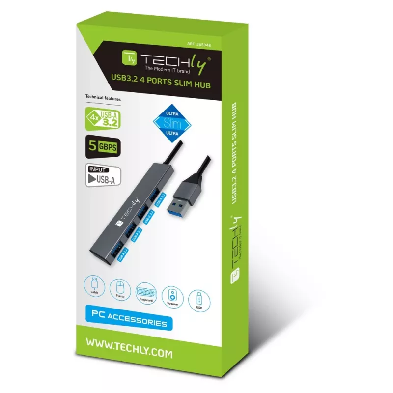 Techly IUSB32-HUB4A-4U3SL Laptop-Dockingstation/Port-Replikator Kabelgebunden USB 3.2 Gen 1 (3.1 Gen 1) Typ-A Grau