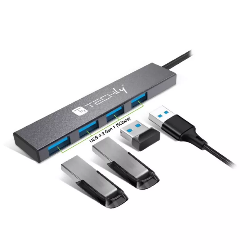 Techly IUSB32-HUB4A-4U3SL Laptop-Dockingstation/Port-Replikator Kabelgebunden USB 3.2 Gen 1 (3.1 Gen 1) Typ-A Grau