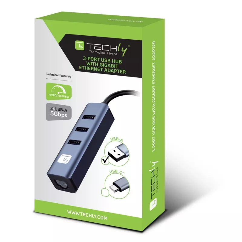 Techly IDATA USB-ETGIGA3AA Laptop-Dock/Port-Replikator Kabelgebunden USB 3.2 Gen 1 (3.1 Gen 1) Typ-A Schwarz, Silber